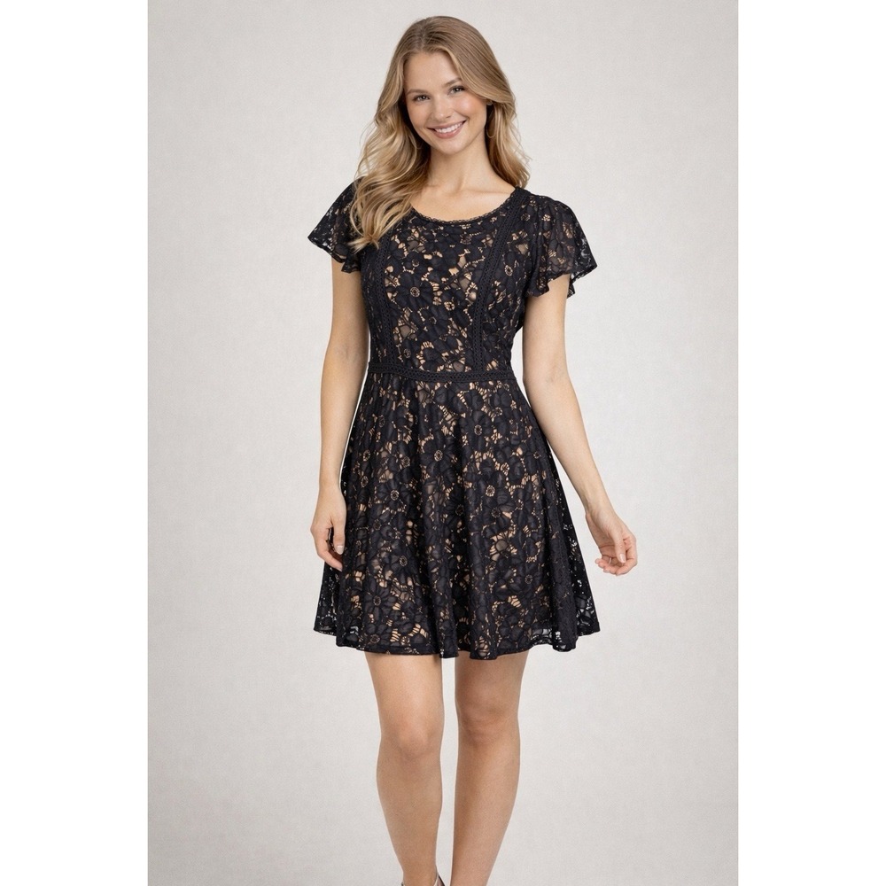Altar'd State Dress Women's Large Black Lace Nude Lined Fit Flare Cocktail Party